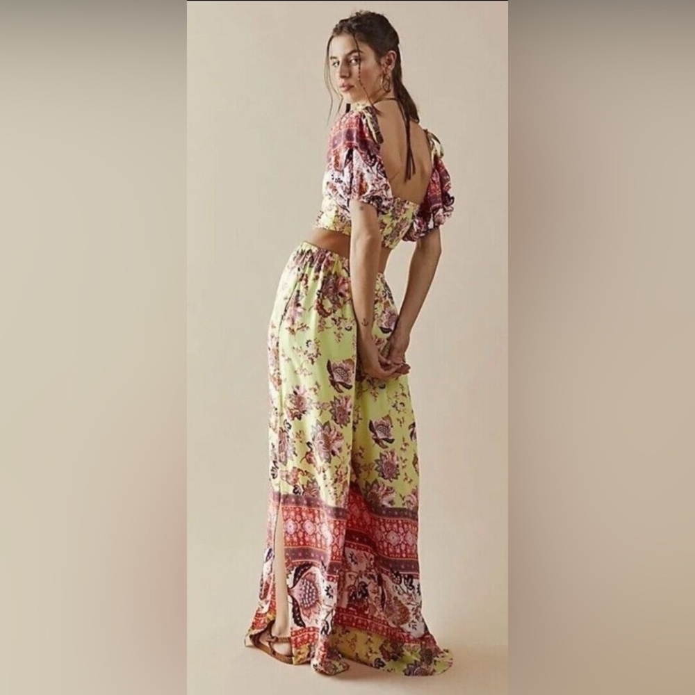 FREE PEOPLE Womens Medium Green Bali Citrus Skies Jumpsuit Floral Cut Out New